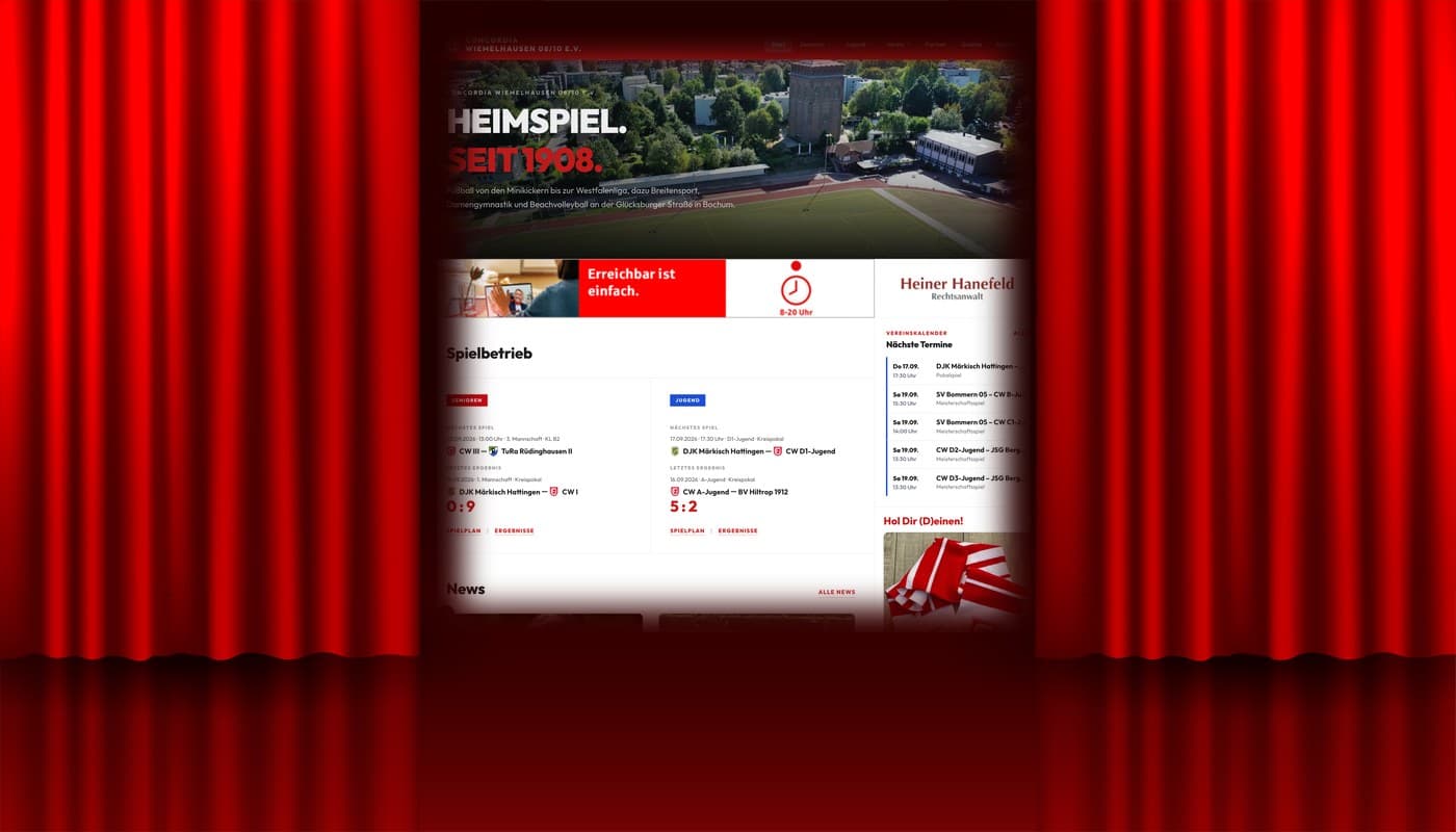 Roter Theatervorhang öffnet den Blick auf die neue Website der Concordia Wiemelhausen