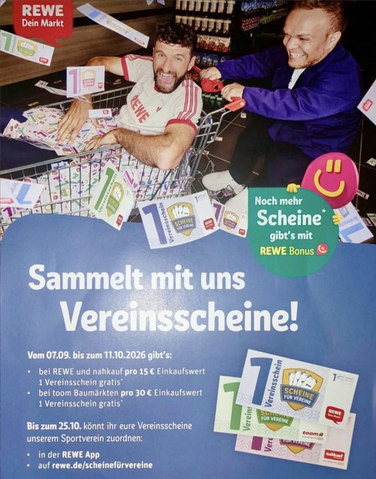 REWE-Aktionsplakat „Sammelt mit uns Vereinsscheine“ zur Aktion Scheine für Vereine